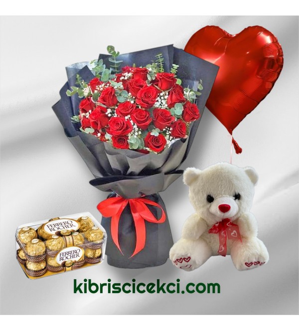 27 Kırmızı Gül Buketi 16'lı Ferrero Çikolata Ayıcık Kalp Helyum Balon